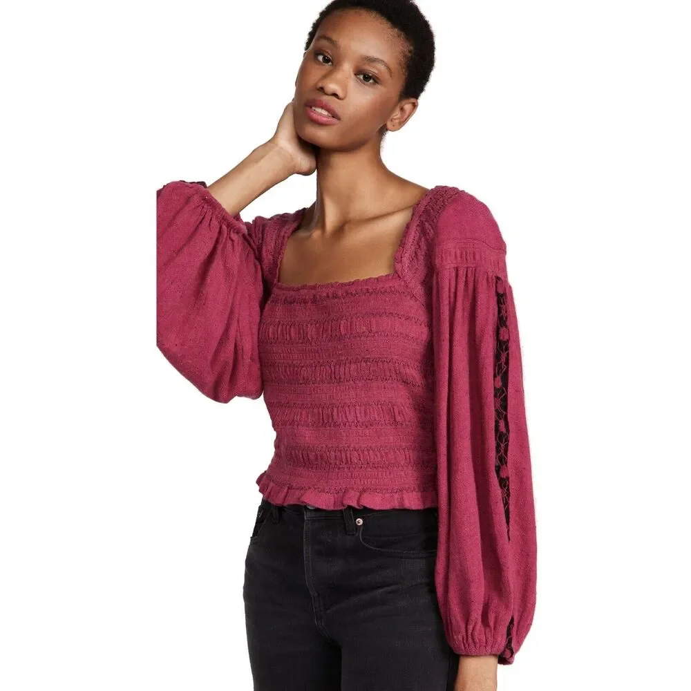 Free People Women Rose Embroidered Maggie Peasant Sleeve Bohemian Top Size M